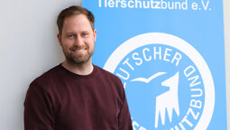 Portrait von David Picht vor dem Logo des Deutschen Tierschutzbundes