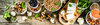 Vegane Proteinquellen auf einem Holztisch: Bohnen, Linsen, Tofu, Sojamilch,Nüsse, Samen und Gemüse