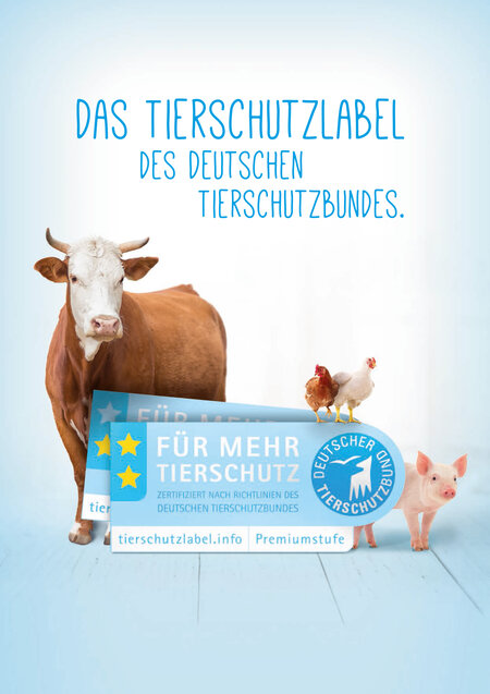 Cover der Broschüre des Tierschutzlabels mit Label-Logo, Kuh, Schwein und Hühnern