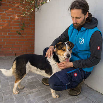 Ein Tierpfleger hockt an eine Wand gelehnt und streichelt einen Hund